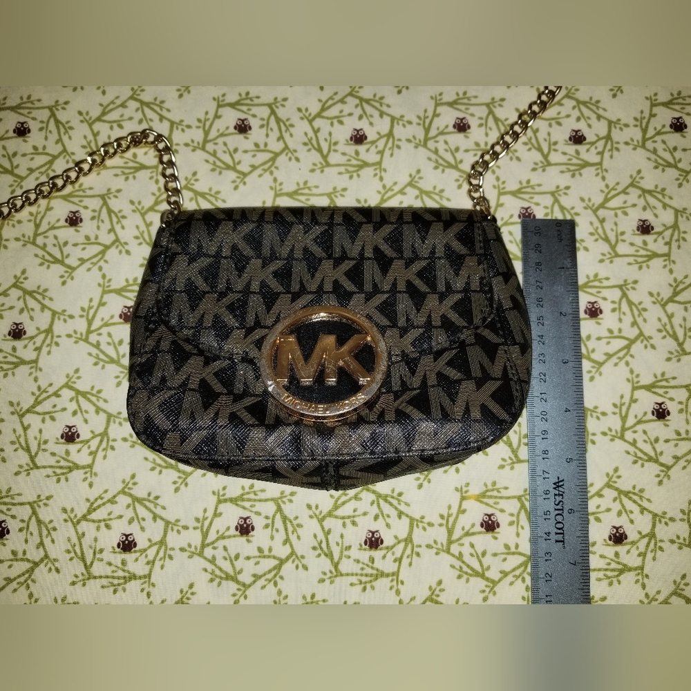 Michael Kors Brown MK Logo Crossbody Bag Gold Chain Small Brown Purse - Picture 2 of 10